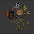 Industrial Equipment Set Including Wooden Barrel Wheelbarrow Tools Hose Gas Cylinder And Fruit Basket