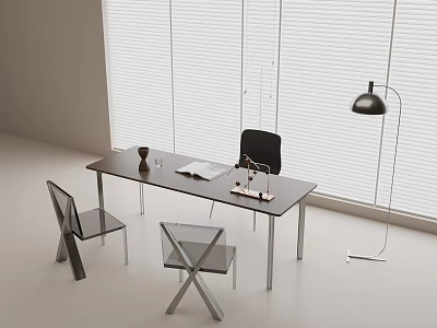 Solid Wood Desk Modern Desk Casual Single Chair Metal Floor Lamp Jewelry Book Water Cup 3d model