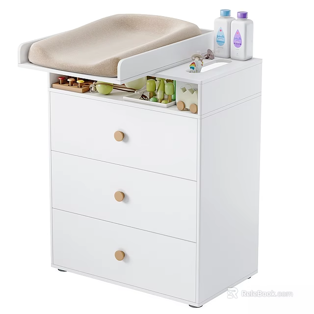 White Kids Bed Changing Table with Three Drawers Wooden Knobs and Baby Essentials Storage 3d model 