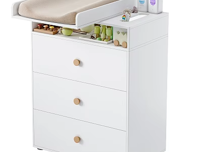 White Kids Bed Changing Table with Three Drawers Wooden Knobs and Baby Essentials Storage 3d model