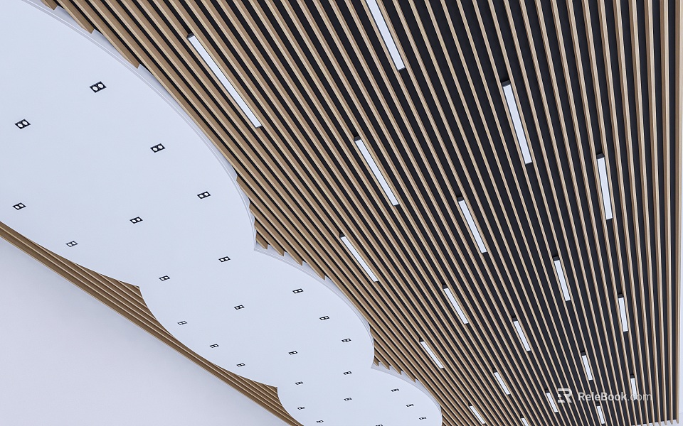 Modern Ceiling Design With Wooden Slats Recessed Lights And Curved Panels 3d model 
