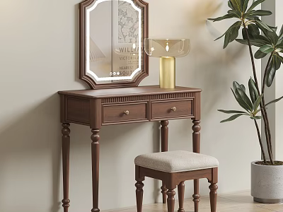 Classic Wooden Dressing Table With Mirror Drawers And Matching Stool Near Green Plant 3d model