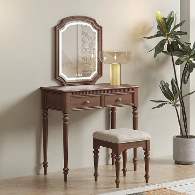 Classic Wooden Dressing Table With Mirror Drawers And Matching Stool Near Green Plant 3d model