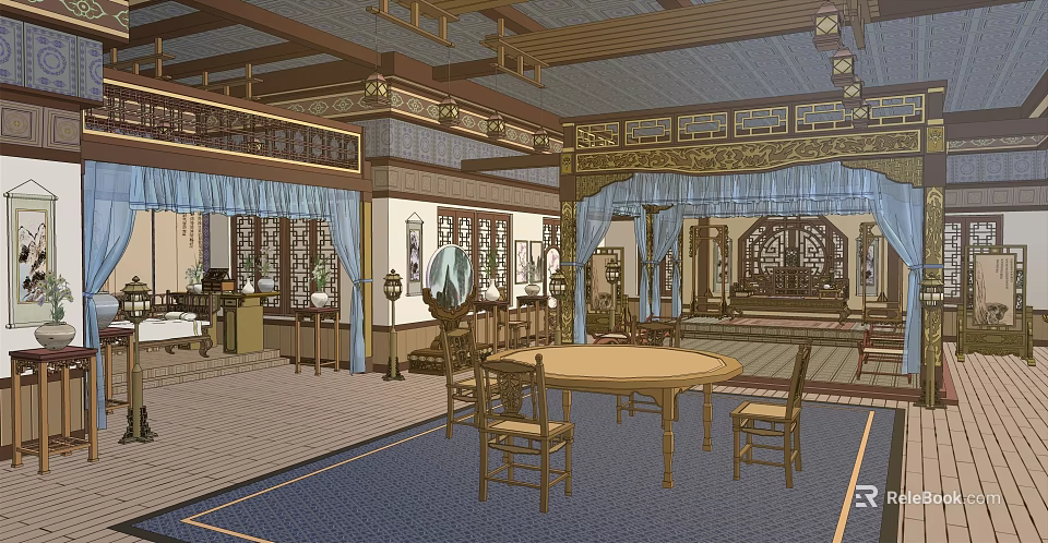 Ancient Chinese Architecture Interior Featuring Wooden Structure Carved Decorations Blue Curtains Round Table And Chairs 3d model 