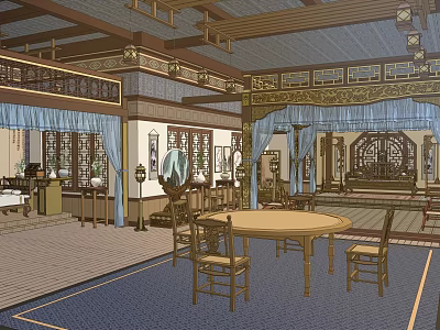 Ancient Chinese Architecture Interior Featuring Wooden Structure Carved Decorations Blue Curtains Round Table And Chairs 3d model