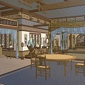 Ancient Chinese Architecture Interior Featuring Wooden Structure Carved Decorations Blue Curtains Round Table And Chairs