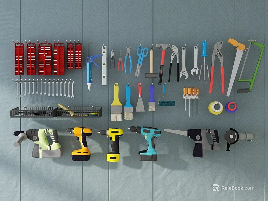 Organized Industrial Equipment Display Featuring Toolboxes Wrenches Screwdrivers Power Drills Brushes And Tapes 3d model 