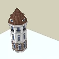 European Style Tower With Red Roof Balcony Multiple Windows And Stone Base