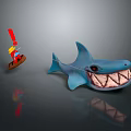 Cartoon Blue Shark With Open Mouth Sharp Teeth Near Small Boat