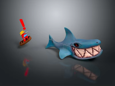 Cartoon Blue Shark With Open Mouth Sharp Teeth Near Small Boat 3d model