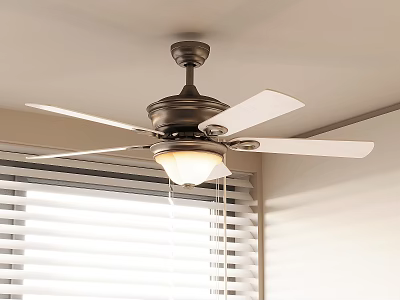 Ceiling Fan Light Fixture With White Blades And Bronze Motor In Indoor Room With Window Blinds 3d model