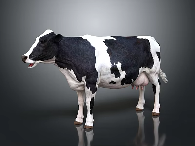 Black And White Cow Standing On Reflective Surface With Gray Background 3d model