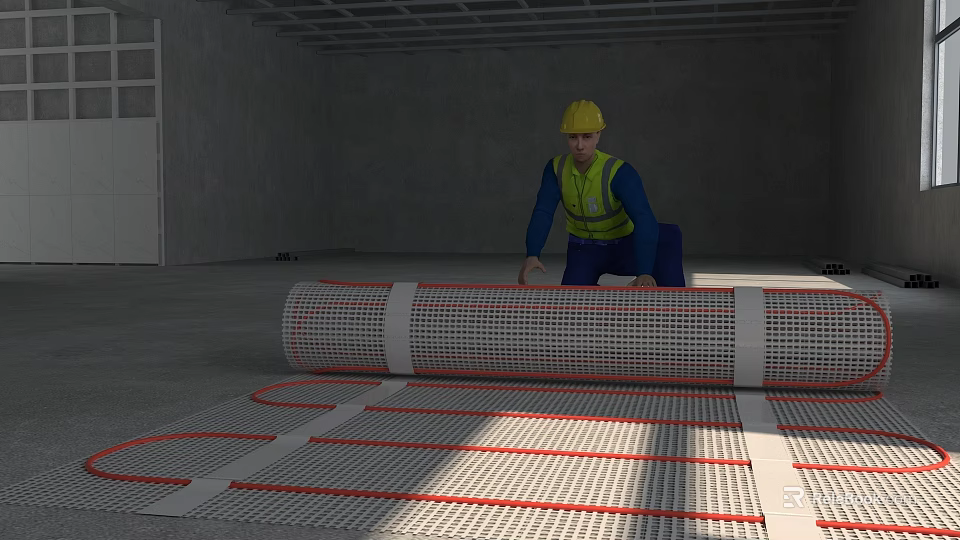 Worker in Yellow Hard Hat Laying Underfloor Heating Mesh in Interior Construction Site 3d model 
