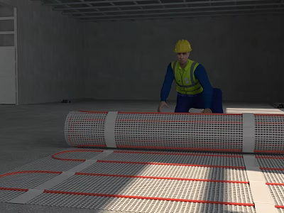 Worker in Yellow Hard Hat Laying Underfloor Heating Mesh in Interior Construction Site 3d model