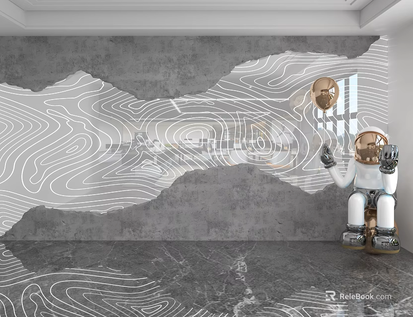 Gray Concrete Background Wall With White Wavy Lines Astronaut Doll And Golden Spherical Decor 3d model 