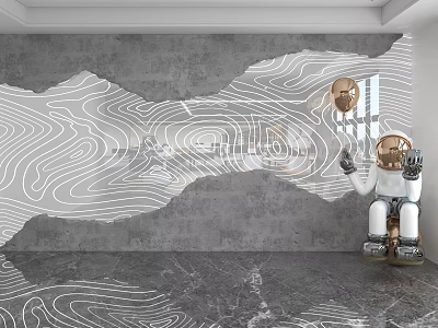 Gray Concrete Background Wall With White Wavy Lines Astronaut Doll And Golden Spherical Decor 3d model
