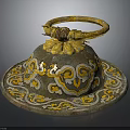 Ancient Decorative Artifact with Golden Circular Handle and Intricate Base Patterns 3d model