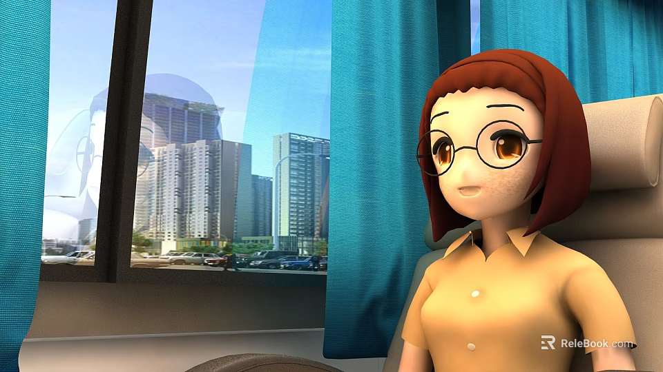 Game Character With Red Brown Hair Glasses Yellow Shirt By Blue Curtains And Tall Buildings 3d model 