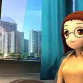 Game Character With Red Brown Hair Glasses Yellow Shirt By Blue Curtains And Tall Buildings