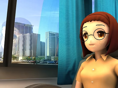 Game Character With Red Brown Hair Glasses Yellow Shirt By Blue Curtains And Tall Buildings 3d model