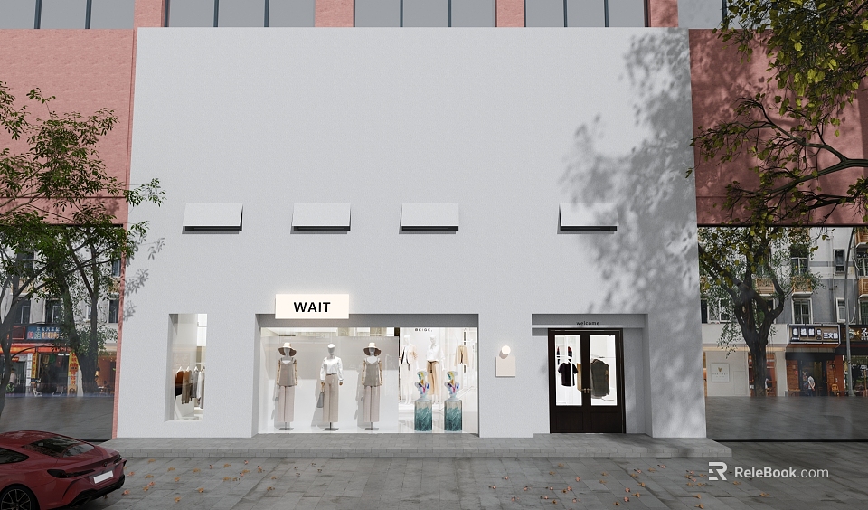 WAIT Clothing Store Modern White Storefront With Window Display Mannequins And Apparel 3d model 
