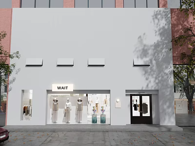 WAIT Clothing Store Modern White Storefront With Window Display Mannequins And Apparel 3d model
