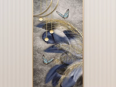 Elegant Decorative Painting With Blue Feathers Golden Crescent Butterflies And Striped Background 3d model