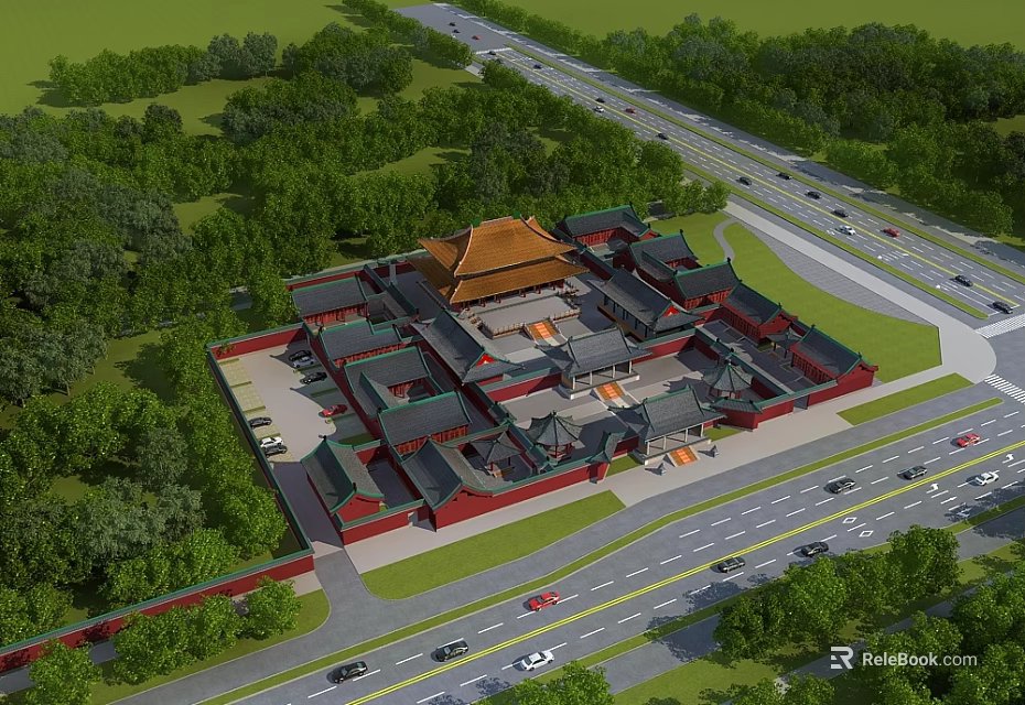 Ancient Architecture Complex With Courtyard Red Walls Yellow Roofs Surrounded By Green Trees And Roads 3d model 