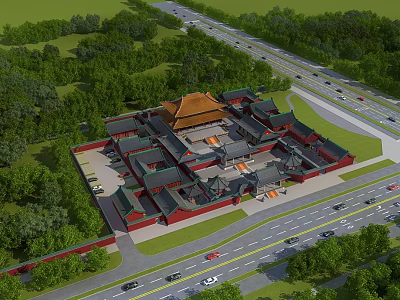 Ancient Architecture Complex With Courtyard Red Walls Yellow Roofs Surrounded By Green Trees And Roads 3d model