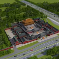 Ancient Architecture Complex With Courtyard Red Walls Yellow Roofs Surrounded By Green Trees And Roads