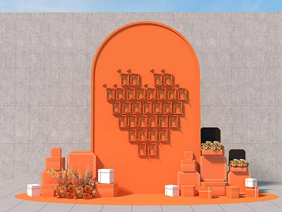 Creative Floral Installation With Orange Arch Heart Shaped Arrangement And Decorative Cubes 3d model
