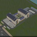 Modern Office Building With Large Glass Windows Dark Roof Front Lawn And Parked Cars
