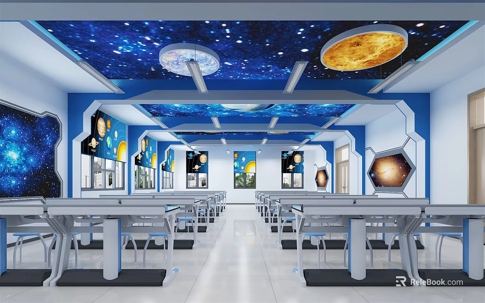 School Classroom With Starry Sky Ceiling Blue Walls And Planet Decorations 3d model 