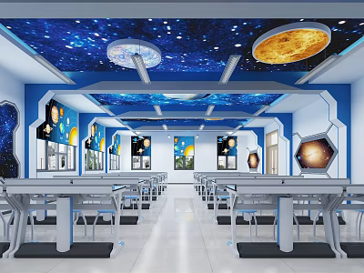 School Classroom With Starry Sky Ceiling Blue Walls And Planet Decorations 3d model