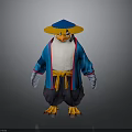 3D Penguin Character Wearing Blue Kimono Jacket Gray Gloves Orange Sash And Conical Hat