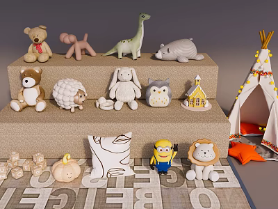 Various Plush Toys Including Teddy Bear Puppy Dinosaur Seal On Stepped Display With Teepee Tent 3d model