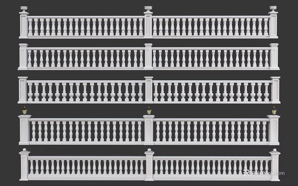 White Decorative Fence Railing Designs With Ornate Balusters And Posts 3d model