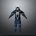 Futuristic Blue Armored Sci Fi Character With Extraterrestrial Creature In Battle Scene