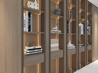 Modern Wooden Decorative Cabinet With Built in Lighting Multi tiered Shelves And Decorative Items 3d model