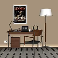 Walnut Desk And Leather Chair With Floor Lamp Lennon Poster Desk Lamp Headphones Clock