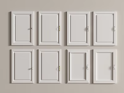 Eight White Doors Arranged On Light Colored Background Wall With Simple Design And Metal Handles 3d model