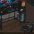 Modern Gaming Desk With Dual Monitors RGB Neon Lights Keyboard And PC Case