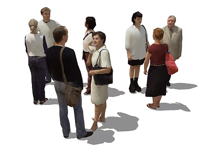 Group of People Standing Together With Different Clothing And Shadows On White Background 3d model
