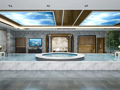 SPA Sauna Interior Design With Circular Pool Sky Patterned Ceiling And Brick Walls 3d model