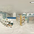 MILK Family Baby Products Specialty Store With Shelves Display Cabinets Hanging Lights And Colorful Seats