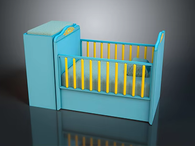 Blue Kids Bed With Yellow Railings Side Cabinet And Mattress Design 3d model