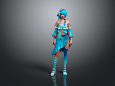 Game Movie Character With Blue Hair And Colorful Decorative Outfit Design 3d model