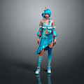 Game Movie Character With Blue Hair And Colorful Decorative Outfit Design