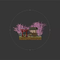 Whimsical Cartoon Scene With Red Torii Gate Japanese House And Pink Cherry Blossoms