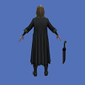 Stylish Woman In Black Long Coat With Green Lining Holding Umbrella On Blue Background